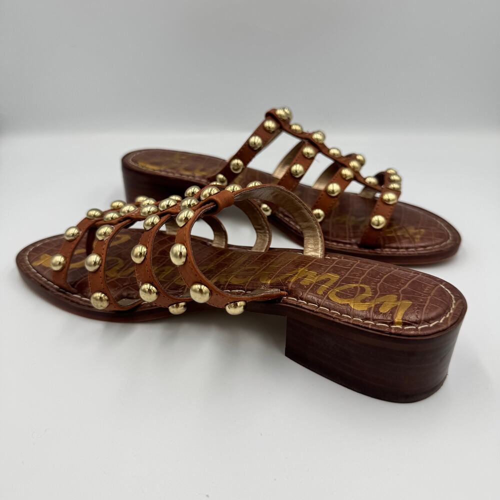 Sam Edelman Juniper Studded Gladiator Slide Sandal Brown Leather Gold 8.5 38.5 - Picture 12 of 15